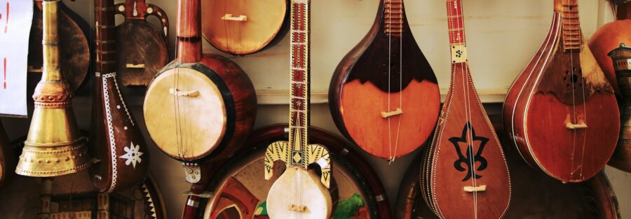 variety of brown wooden tribal stringed instruments displayed on wall